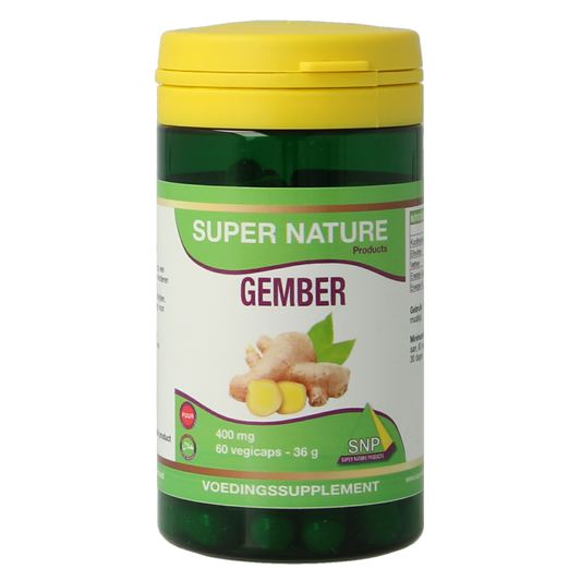 SNP Gember 400 mg vegetarian capsules in a bottle, herbal supplement for wellness, with a white label and green cap.
