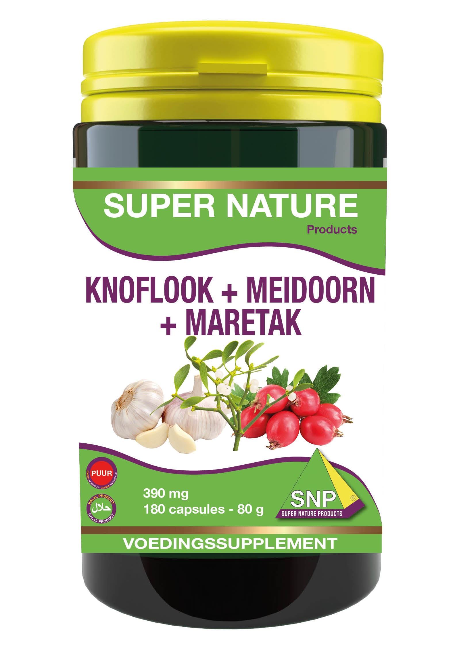 SNP Kruidenpreparaten Knoflook-meidoorn-maretak capsules, 390 mg, 180 capsules, natural herbal supplement.