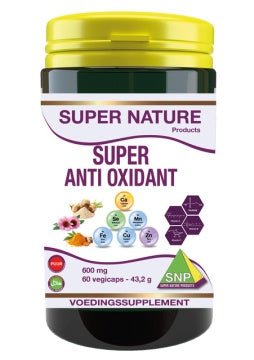 SNP Super Antioxidant 600 mg multi-vitamin capsules, 60-count, with colorful capsule images and supplement branding.