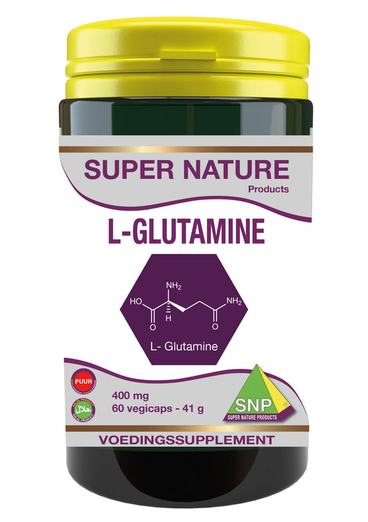 SNP L-Glutamine 400mg vegetarian capsules, amino acids supplement in a clear bottle, showing white capsules inside.