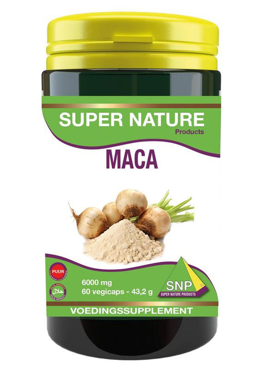 SNP Maca 6000 mg pure herbal capsules, 60 vegetarian capsules, showing the product packaging and capsules inside.