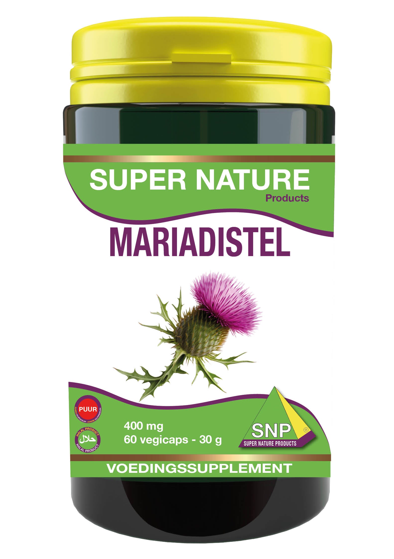 SNP Mariadistel 400 mg puur herbal capsules in a bottle, vegetarian supplement for liver health.