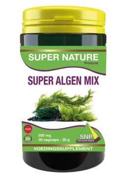 SNP Super Algen Mix 500mg vegetarian capsules, herbal supplement in a bottle with green and white label.