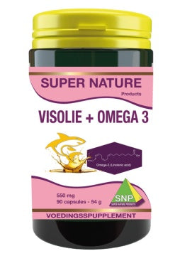 SNP Visolie omega 3 505mg Vetzuren capsules, close-up of the blue bottle and label showing 90 capsules.