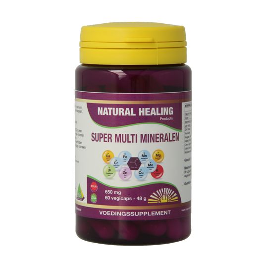 NHP Super Multi Mineralen 650mg puur vegetarian capsules, showing 60 softgel capsules in a clear container.