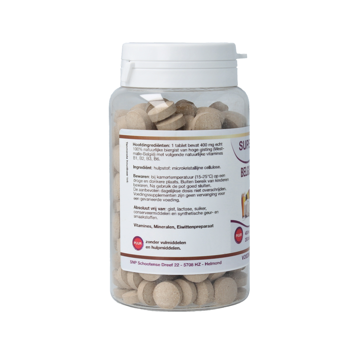 SNP Belgische biergist supplement in a bottle with 250 tablets, herbal supplement for health and wellness.