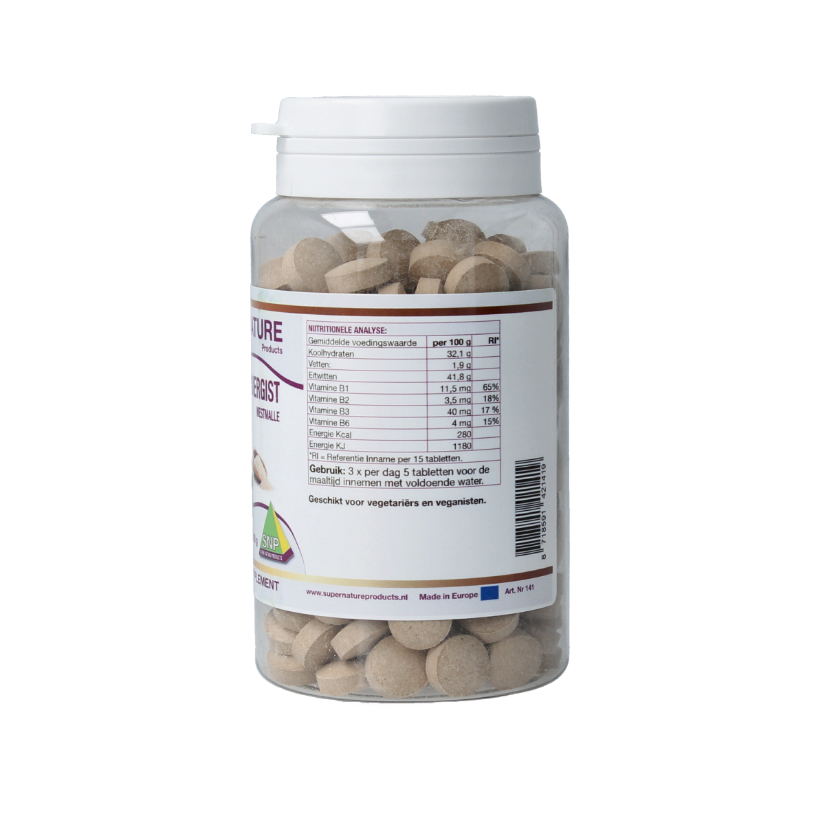 SNP Belgische biergist supplement in 250 tablets, featuring pure herbal preparation for health and wellness.