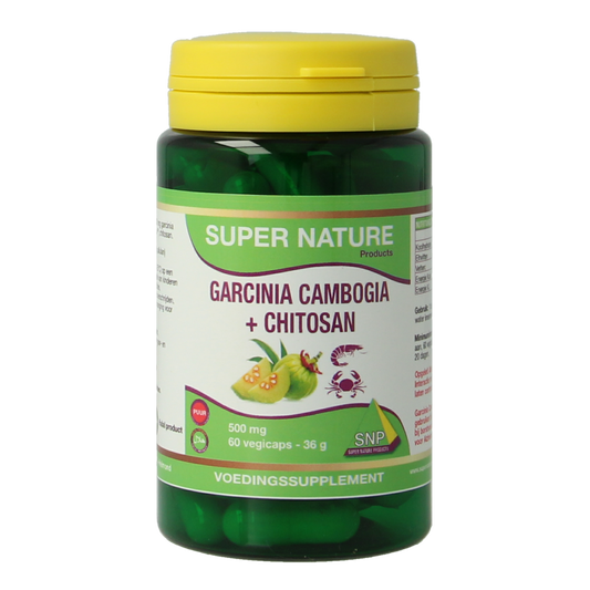 SNP Garcinia cambogia and chitosan vegetarian capsules, 500mg, in a bottle with label showing product details.