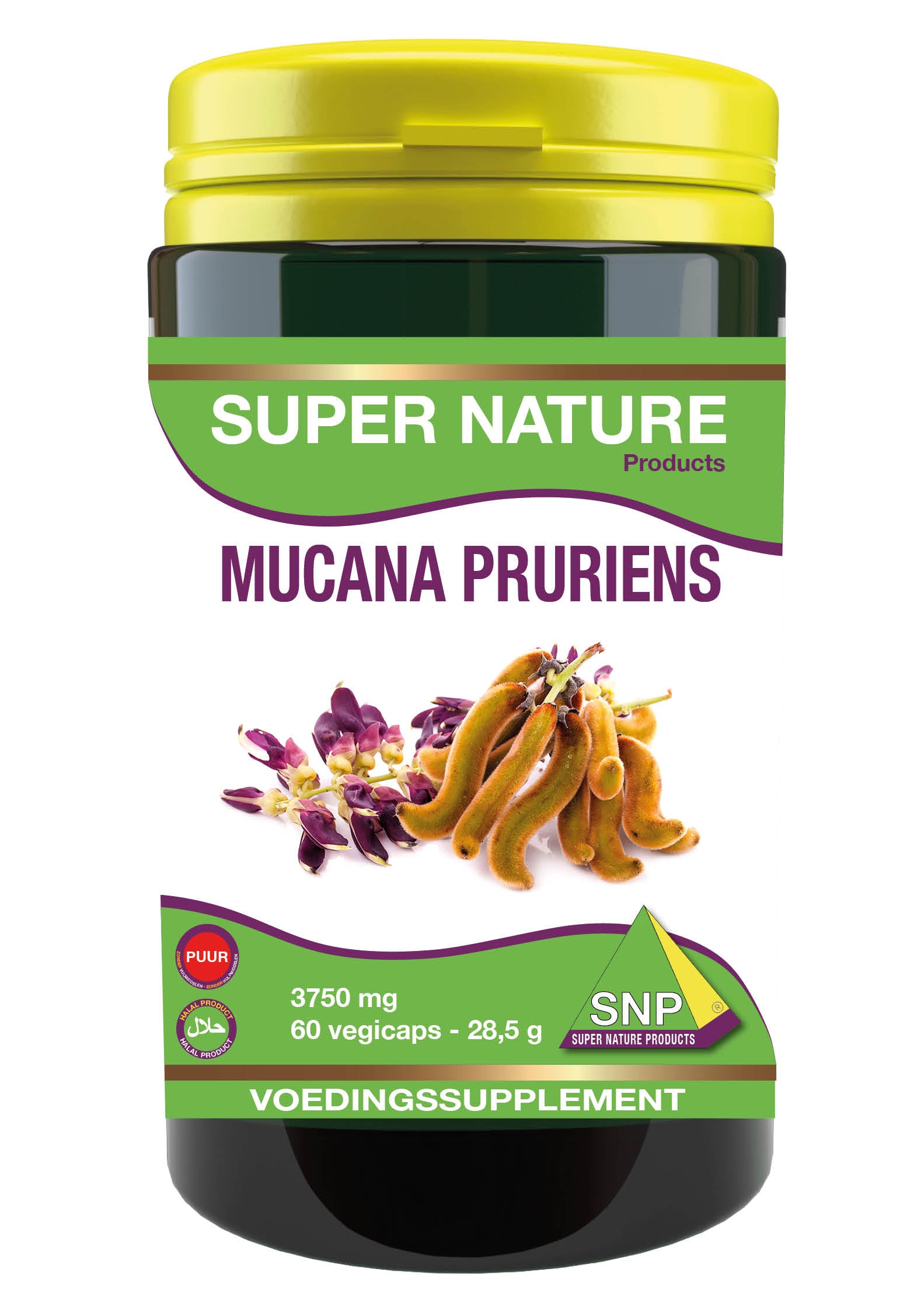 SNP Mucuna pruriens extra forte 3750mg vegetarian capsules, herbal supplement in a bottle with green and white label