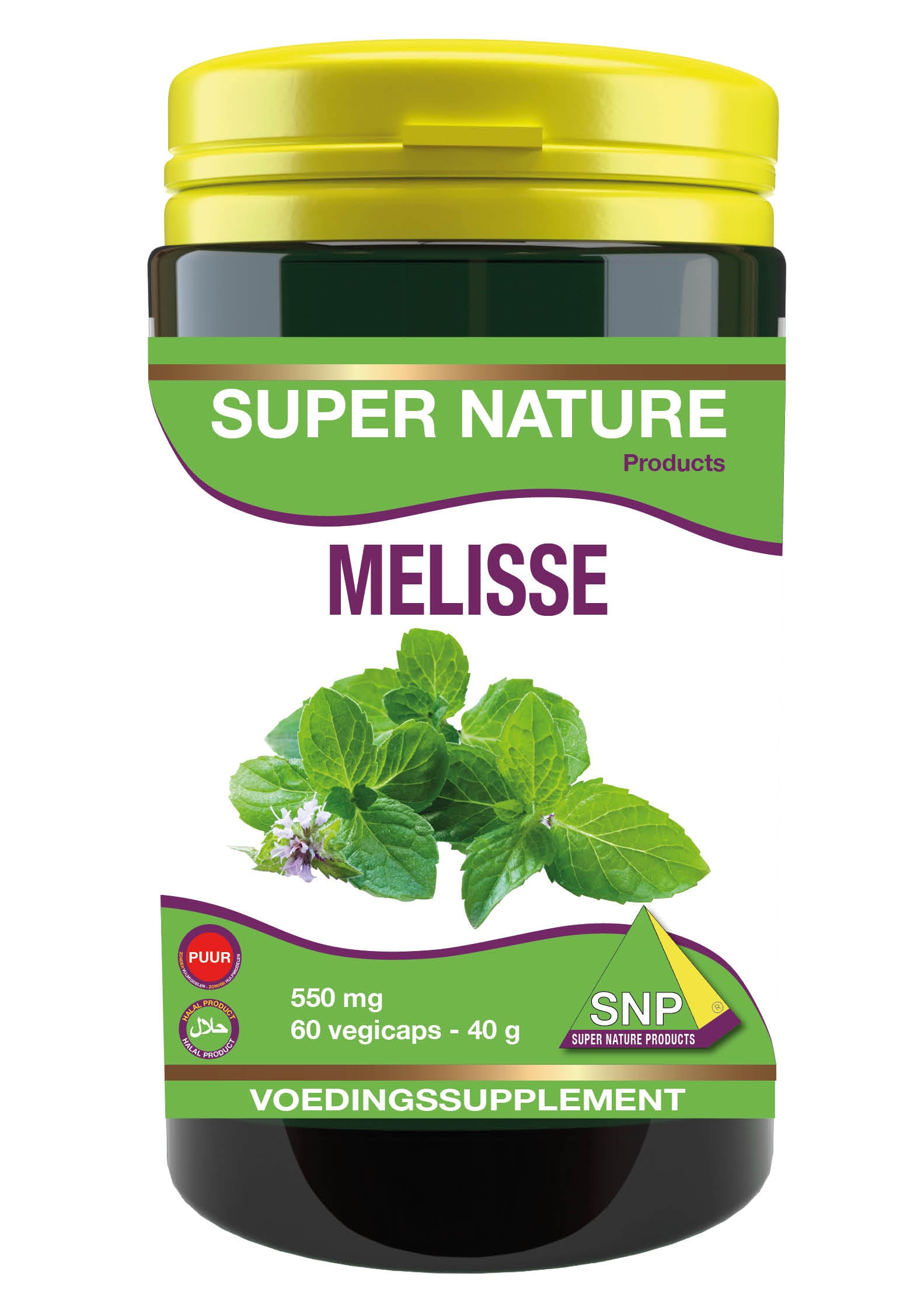 SNP Melisse 550mg pure herbal capsules in a bottle, vegetarian supplement for relaxing and digestive health.