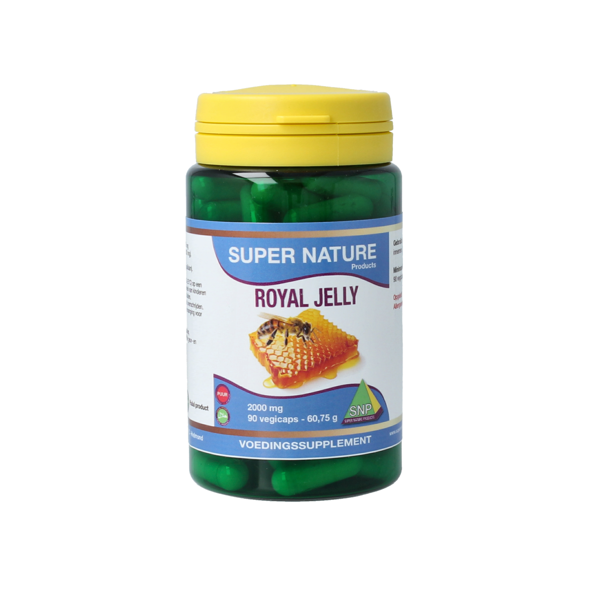 SNP Royal Jelly 2000 mg vegetarian capsules in a white bottle, showing the product label and capsules inside.