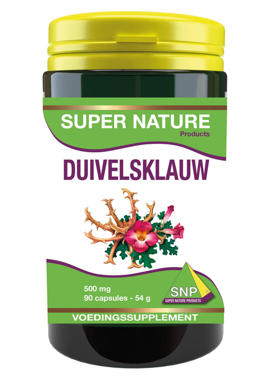 SNP Duivelsklauw 500mg herbal capsules in a bottle, natural herbal supplement for wellness, with label showing product details.