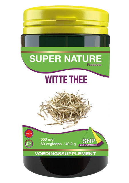 SNP Witte thee 550mg puur herbal capsules in a bottle, vegetarian dietary supplement, with label and capsule details visible.