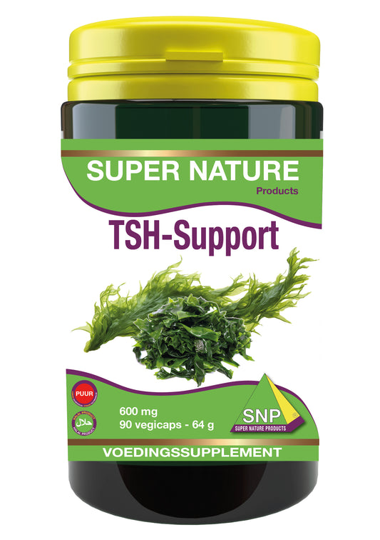 SNP TSH-Support puur 600mg vegetarian herbal capsules in a clear bottle with a white cap, labeled with product details.