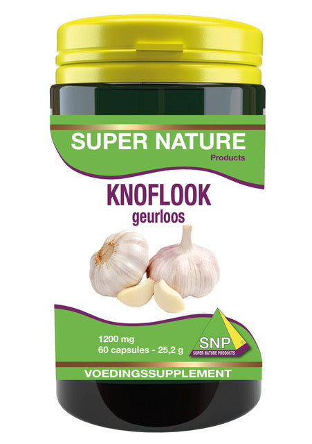 SNP Knoflook geurloos capsules, 1200mg, bottle of 60 herbal supplements for health support, natural remedy in a clear container