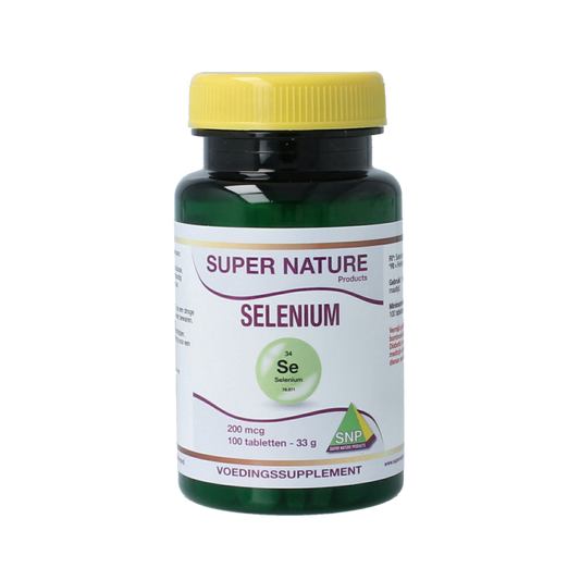 SNP Selenium 200 mcg mineral tablets in a bottle, showing the supplement's label and tablets inside the container.