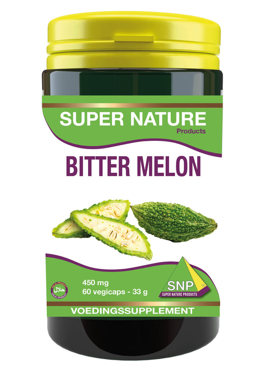 SNP Bitter Melon 60 Vegetarian Capsules, herbal supplement in clear bottle with green label, showing capsules inside.