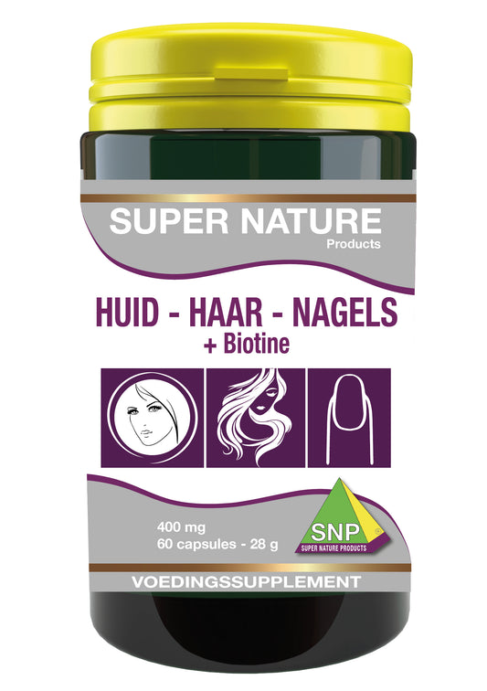 SNP Huid haar nagels en biotine multivitamine capsules in een blisterverpakking, bedoeld voor huid, haar en nagelondersteuning.