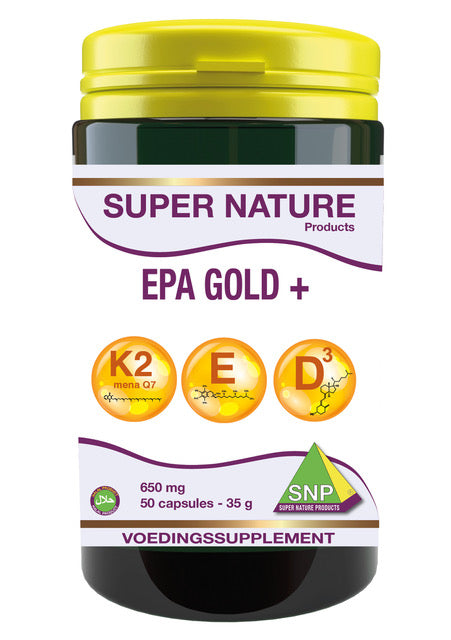 SNP EPA Gold+ Vetzuren capsules in a bottle, dietary supplement for heart and brain health, with 50 capsules count.