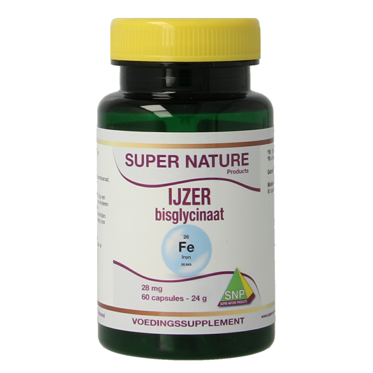 SNP IJzer bisglycinaat mineral capsules, 28mg iron supplement in a bottle, shown in the image.