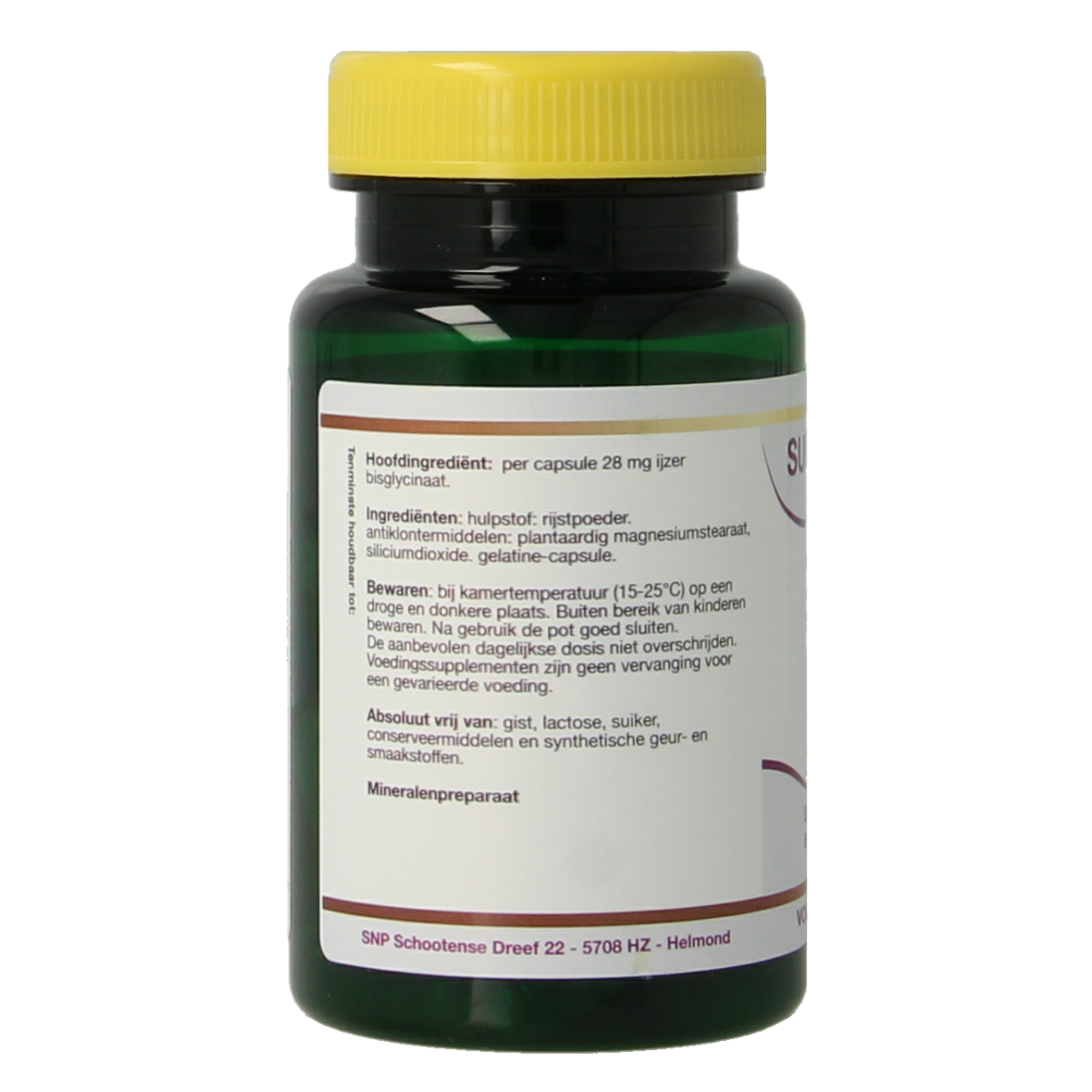 SNP IJzer bisglycinaat 28mg mineral supplement capsules, showing a bottle of SNP mineralen enkel iron bisglycinate capsules.