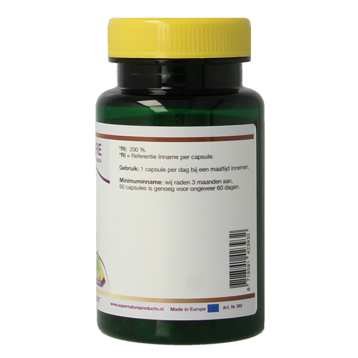 SNP IJzer bisglycinaat 28mg mineral supplement capsules, 60 count, shown in a bottle with capsules visible inside.