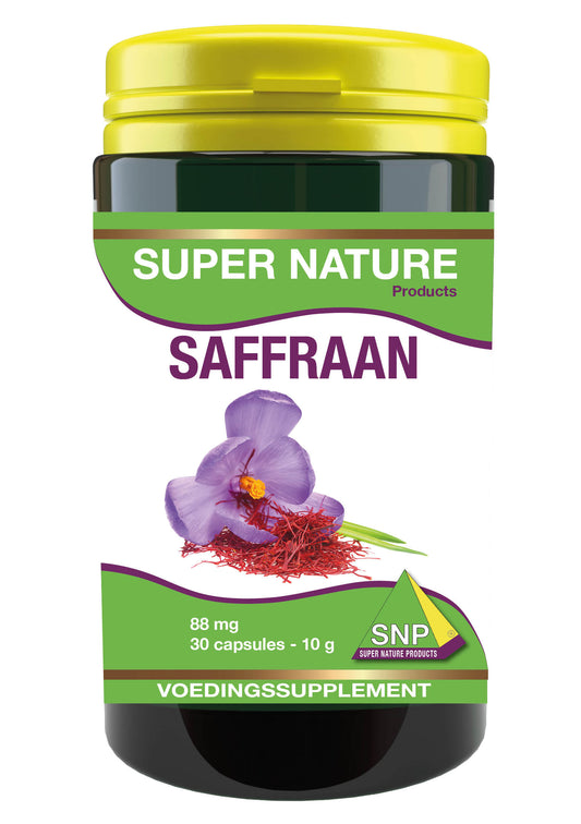 SNP Saffraan 88 mg herbal capsules in a bottle, natural supplement for wellness, with a white background.