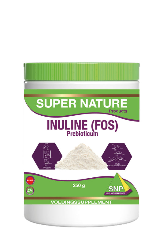 SNP Prebioticum inuline FOS supplement showing a 250g container with label, containing prebiotic fiber for gut health.
