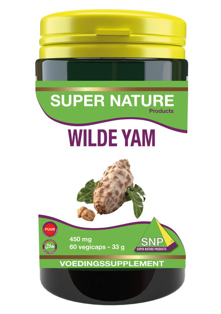 SNP Wilde Yam 450mg vegetarian herbal capsules in a clear bottle, designed for natural herbal supplement use.