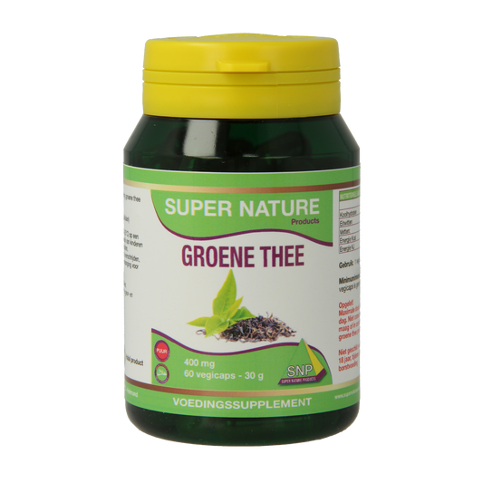SNP Groene thee 400 mg vegetarische capsules, herbal supplement in a green bottle, with label showing product details.