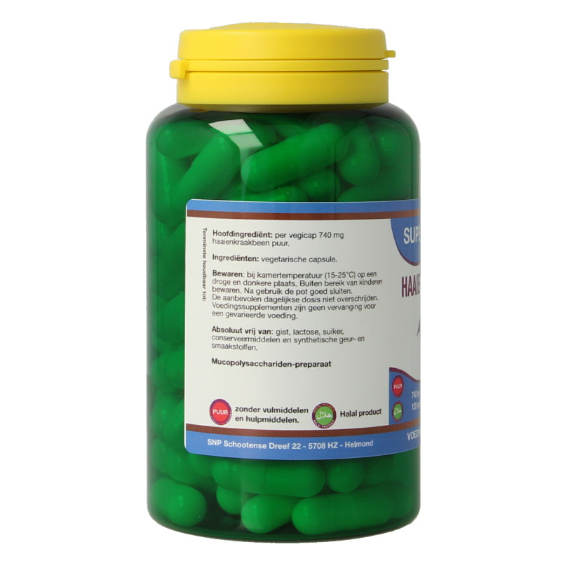 SNP Haaienkraakbeen 740 mg vegetarische capsules, mineralen supplement in a bottle with capsules visible.