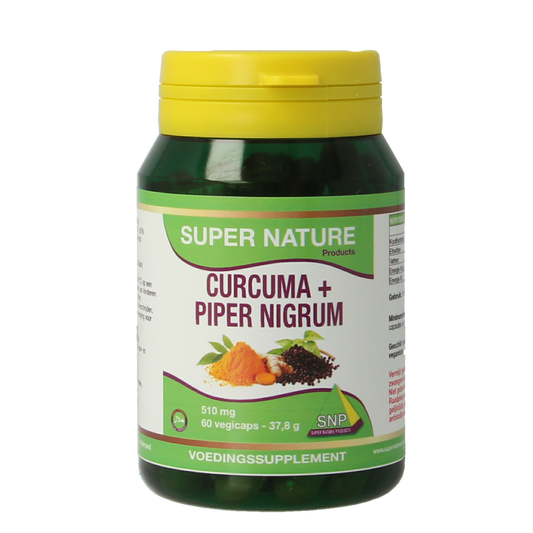 SNP Curcuma & Piper Nigrum vegetarian capsules in a bottle, herbal supplement with 510mg per capsule.