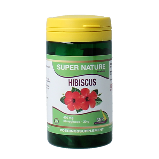 SNP Hibiscus 60 vegetarian capsules in a bottle, herbal supplement from SNP, featuring fresh hibiscus flowers on the label.