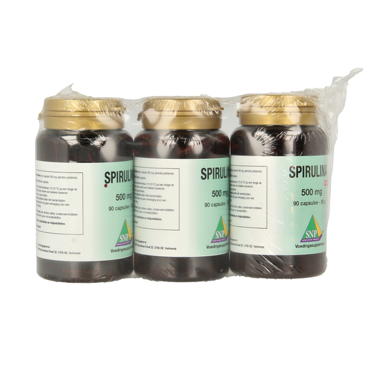 SNP Spirulina 500mg puur actief herbal supplement in a 270-capsule bottle, natural green spirulina tablets for health.