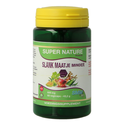 SNP Slank Maatje Minder Puur herbal capsules in a bottle, vegetarian dietary supplement packaging with capsules visible