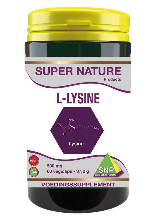 SNP L-Lysine 500mg vegetarian capsules, amino acids supplement in a white bottle with blue label, close-up of capsules.
