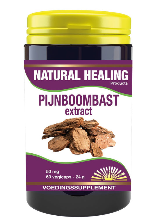 NHP Pijnboombast extract 50mg herbal capsules in a transparent bottle with green label, shown alongside capsules.