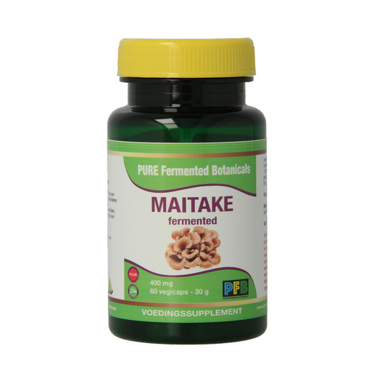 SNP Maitake fermented 400mg puur herbal capsules, vegetarian supplement in a white bottle with label.