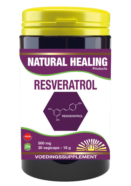 NHP Resveratrol 500mg vegetarian capsules in a bottle, herbal supplement for health support.