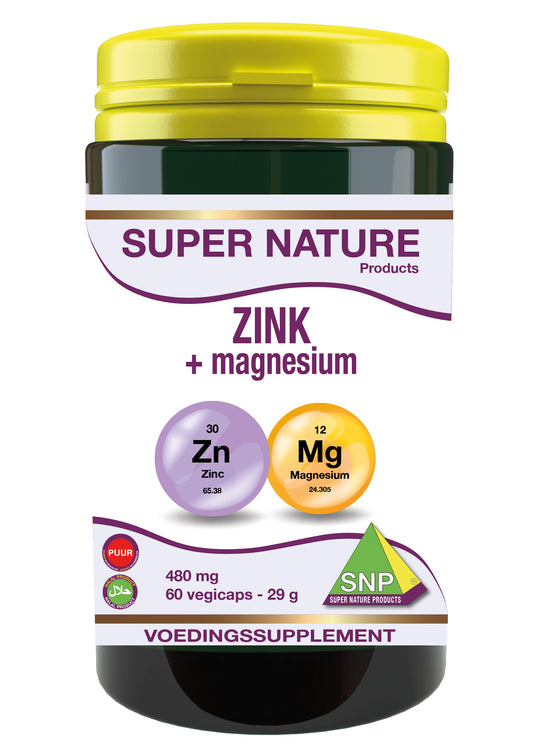 SNP Zink + magnesium puur vegetarian capsules bottle, mineral supplement in a white container with a label displaying product details.