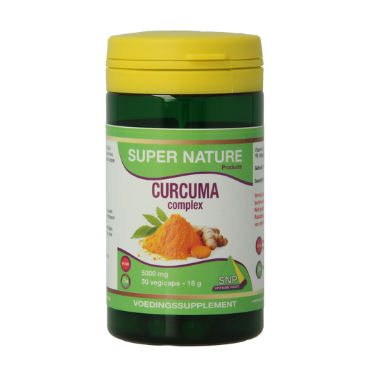 SNP Curcuma Complex 5000mg vegetarian capsules, herbal supplement in a bottle, with turmeric root and capsules visible.