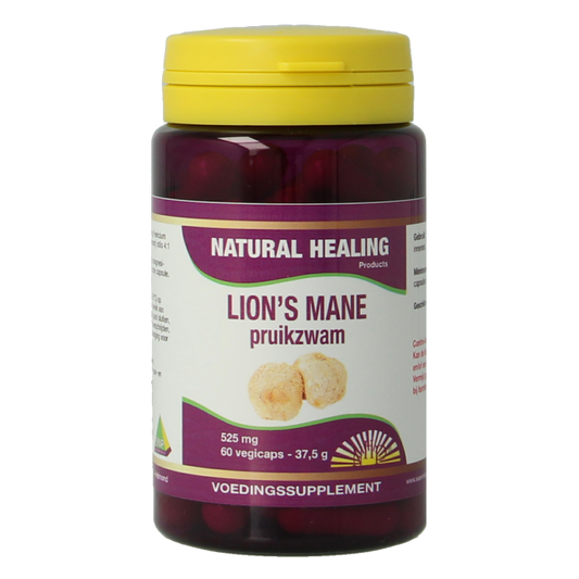 NHP Lions Mane herbal capsules in a bottle, vegetarian dietary supplement for brain health and cognitive support.