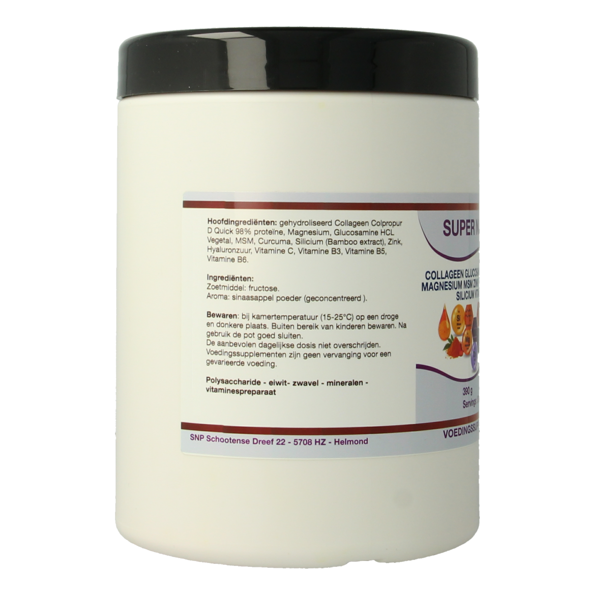 SNP Collagen, glucosamine, curcuma, magnesium, and MSM supplement in a 390g container, showing the product label and ingredients.