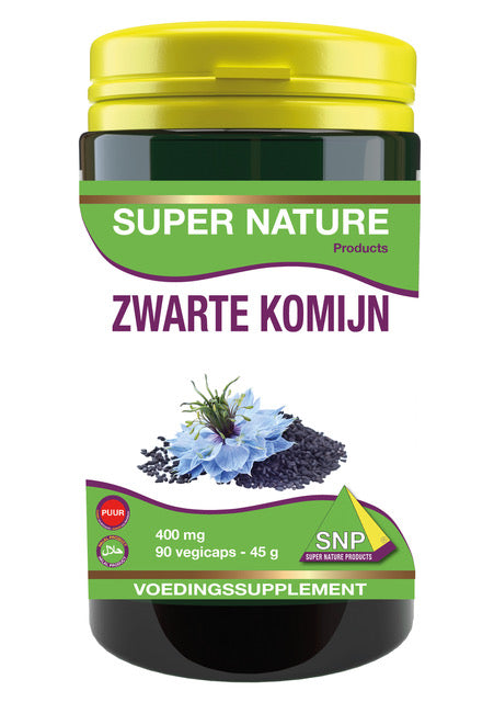 SNP Zwarte komijn puur vegetarian capsules in a bottle, herbal supplement from SNP, with black cumin seeds shown in the image.