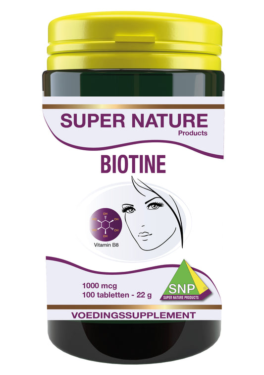 SNP Biotine 1000 mcg vitamin tablets, close-up of 100 tablets bottle with label showing product details