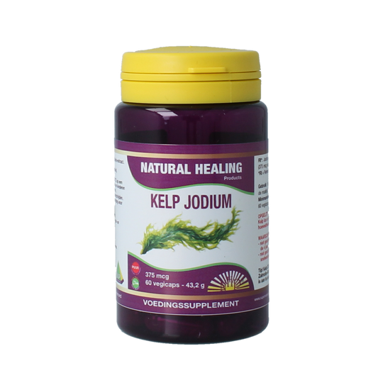 NHP Kelp Jodium 375mcg vegetarian capsules, mineral supplement with kelp, shown in a bottle with capsules.