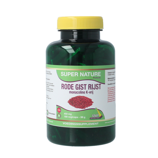 SNP Rode gist rijst Monacoline K-vrije vegetarische capsules, kruidenpreparaten in een groene pot met capsules zichtbaar