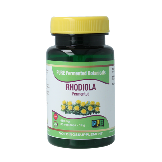 SNP Rhodiola fermented puur herbal capsules, vegetarian, 30 count, shown in a clear close-up image of the capsules.