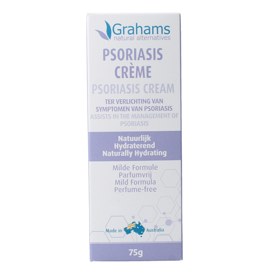 Grahams Psoriasis creme in 75g tube, a body care product designed to soothe and treat psoriasis-affected skin areas.
