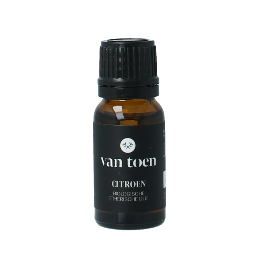 Van Toen Citroen bio essential oil bottle, 10ml, with a clear label and cap, showing the natural citrus aroma.